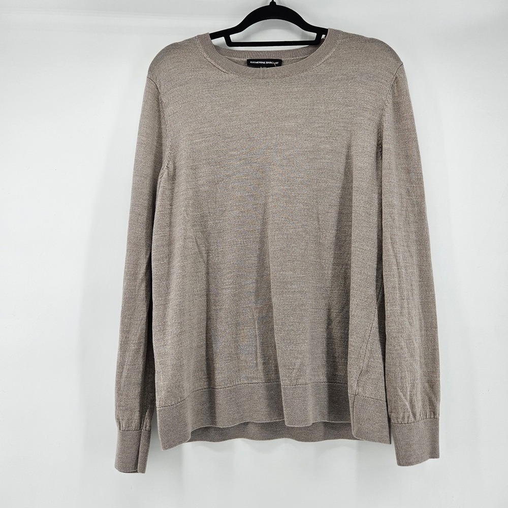 Katherine Barclay XL Merino Wool Crewneck Sweater Taupe Brown Quiet Luxury